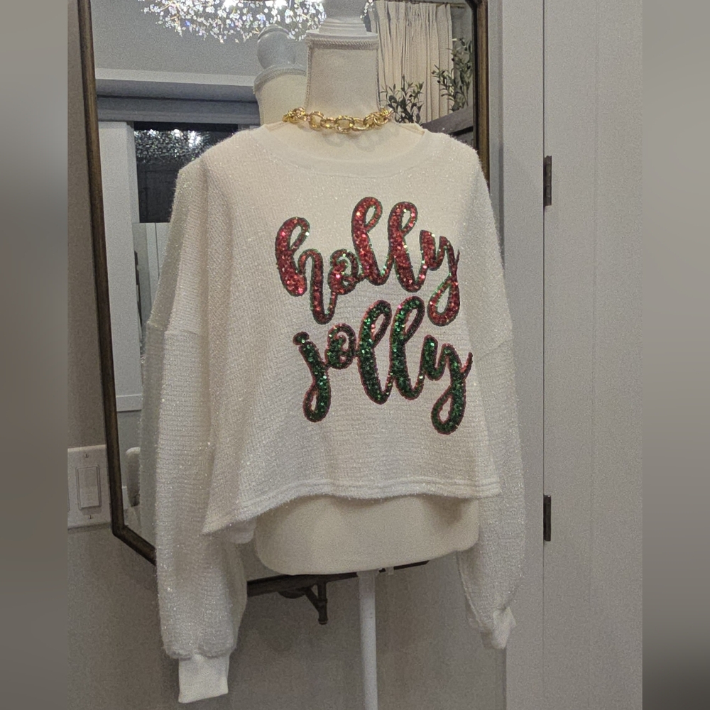 Festive White Sweater with Holly Jolly Design